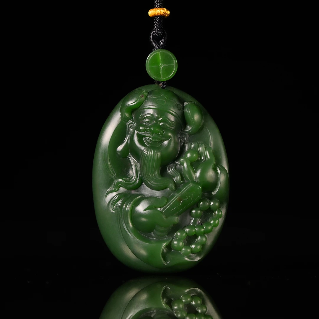 传世级 和田玉俄七辣浓菠菜绿正装财神吊坠 55*40*18mm± H120702