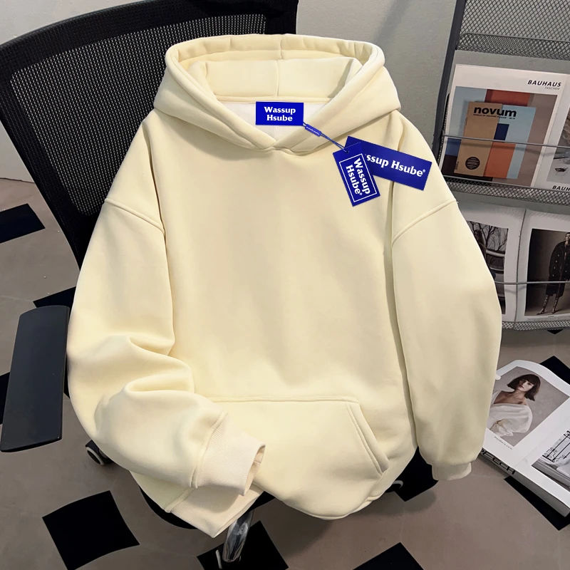WASSUP HSUBE重磅休闲纯色连帽卫衣男女宽松oversize情侣潮牌ins