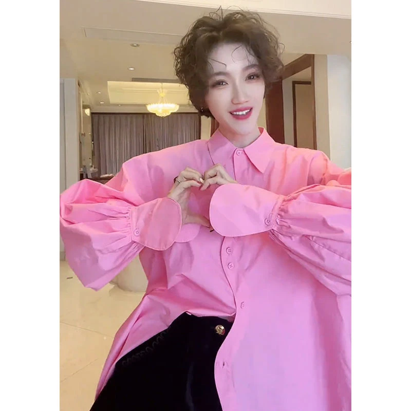 欧洲站2025时尚设计款宽松中长款粉色减龄衬衫秋季新款POLO领上衣