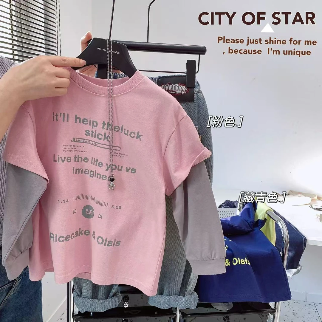 男女童春季韩版假两件T恤2025年中小童宝宝春秋休闲上衣打底衫