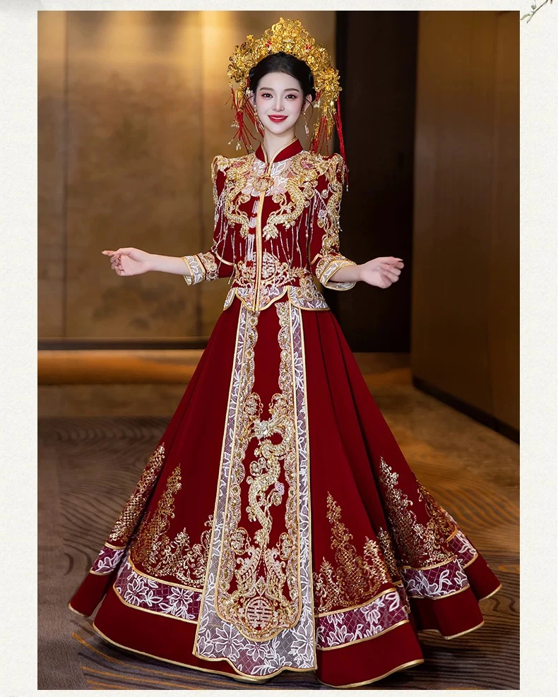 奢华新娘结婚秀禾服翘肩改良中式婚服2025新款丝绒高级感重工礼服
