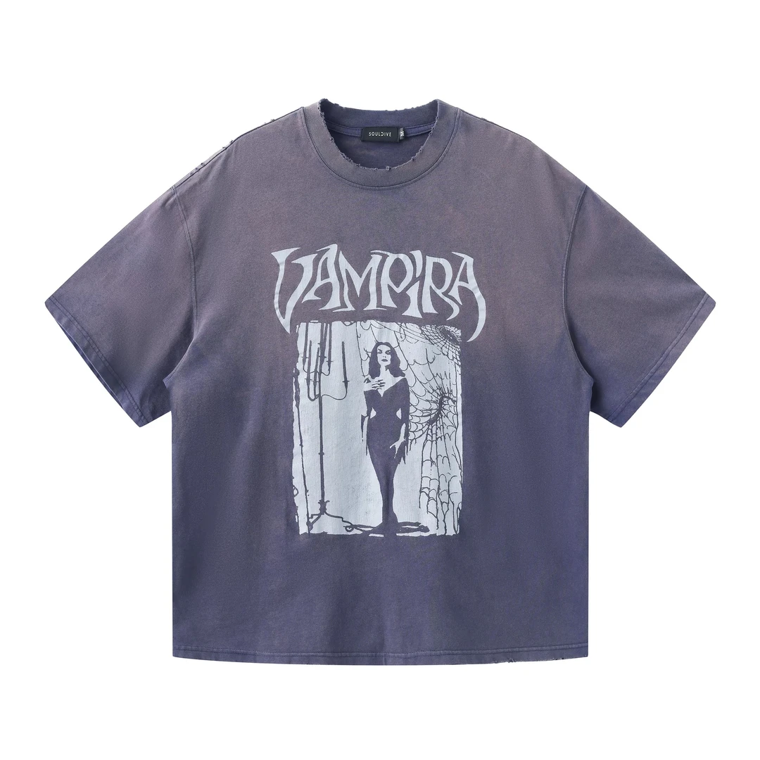 SOULDIVE vampire吸血鬼直裂印花紫色落色水洗做旧破坏小领口短袖