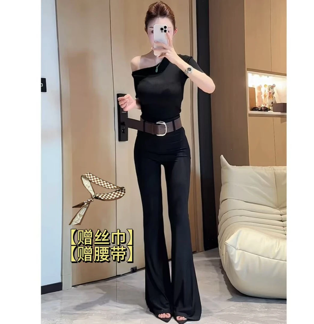 【赠腰带丝巾】西装微喇裤女夏季早秋气质修身弹力高腰显瘦99386#
