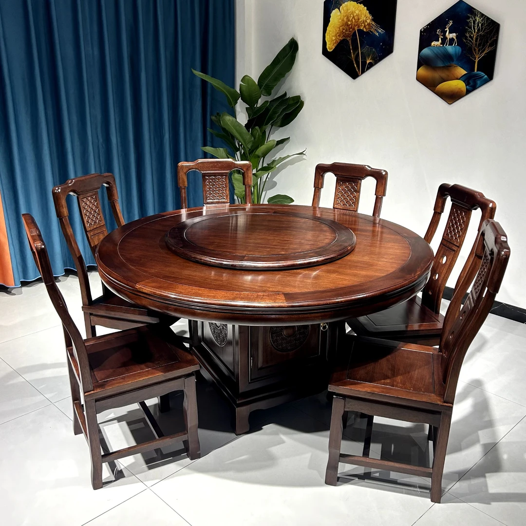 榫卯全实木餐桌家用南美檀木圆桌现代轻奢餐桌圆形雕花客厅吃饭桌