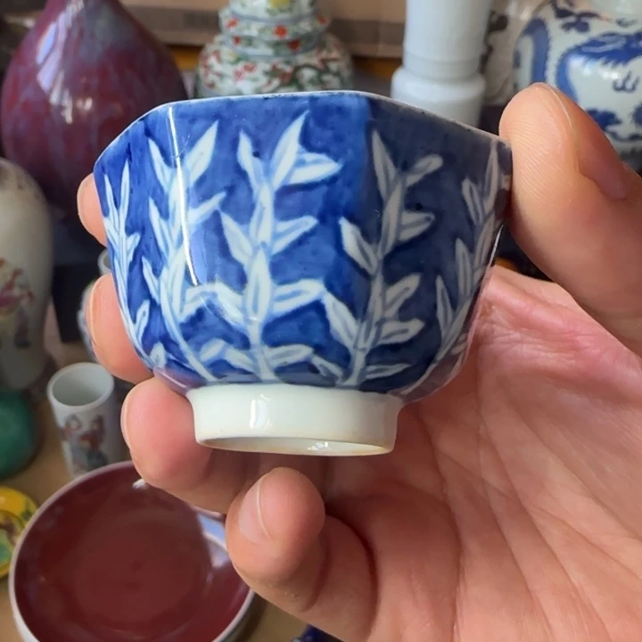杯晴*?青花留白竹节纹八方杯