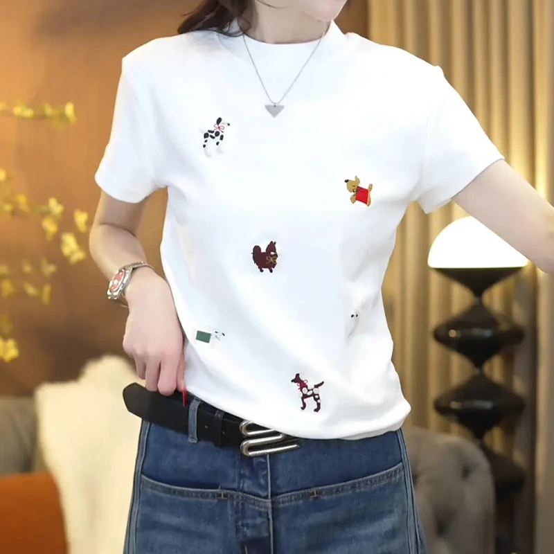卡通动物小刺绣纯色韩系小众百搭宽松显瘦短袖2025春夏T恤女上衣