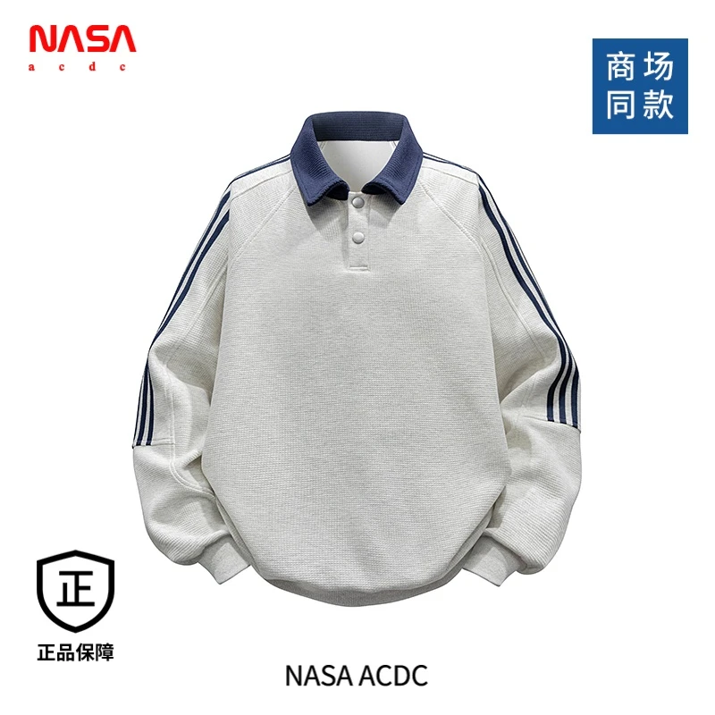 NASA美式三条杠翻领POLO衫卫衣男女春季潮牌条纹情侣款运动上衣