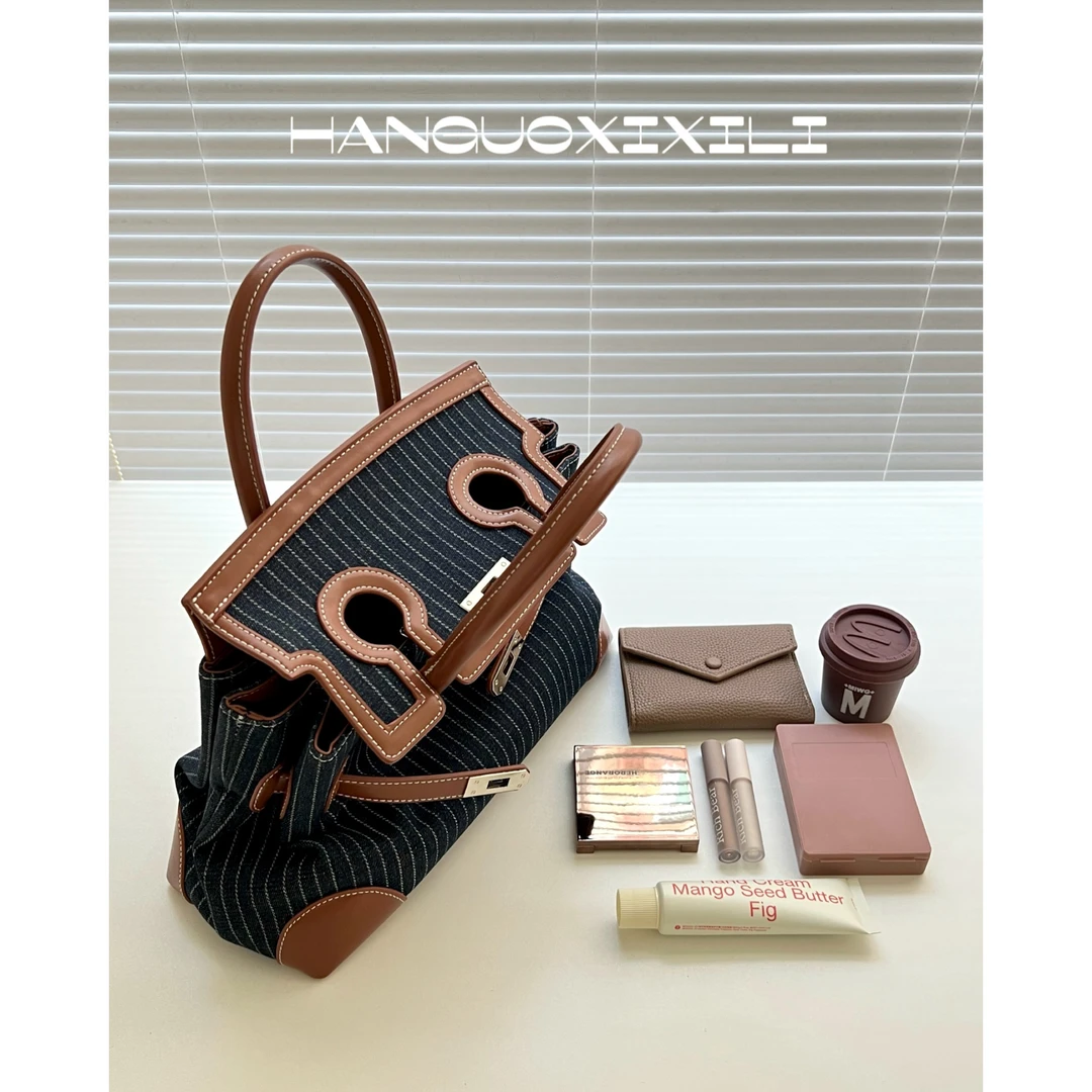 韩国西西里小众设计新款复古竖条纹帆布拼皮铂金手提包女斜挎包女