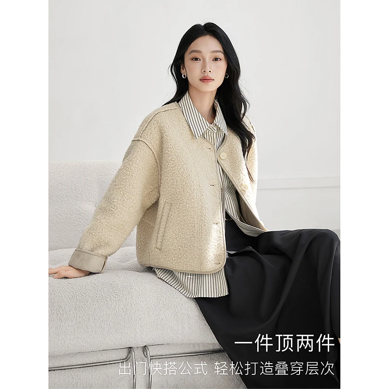 对白仿羊羔毛假两件毛呢外套女2025冬新款小个子通勤休闲短款上衣