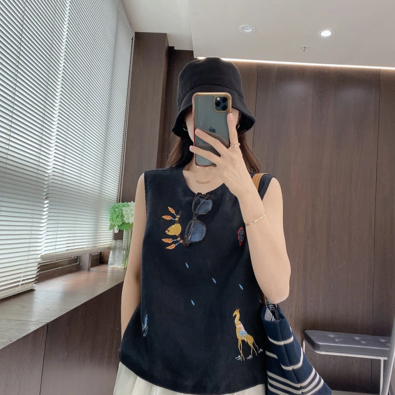 IMFLY金小金自制女装 亚麻小衫DYW9285卡通刺绣无袖背心衬衫女