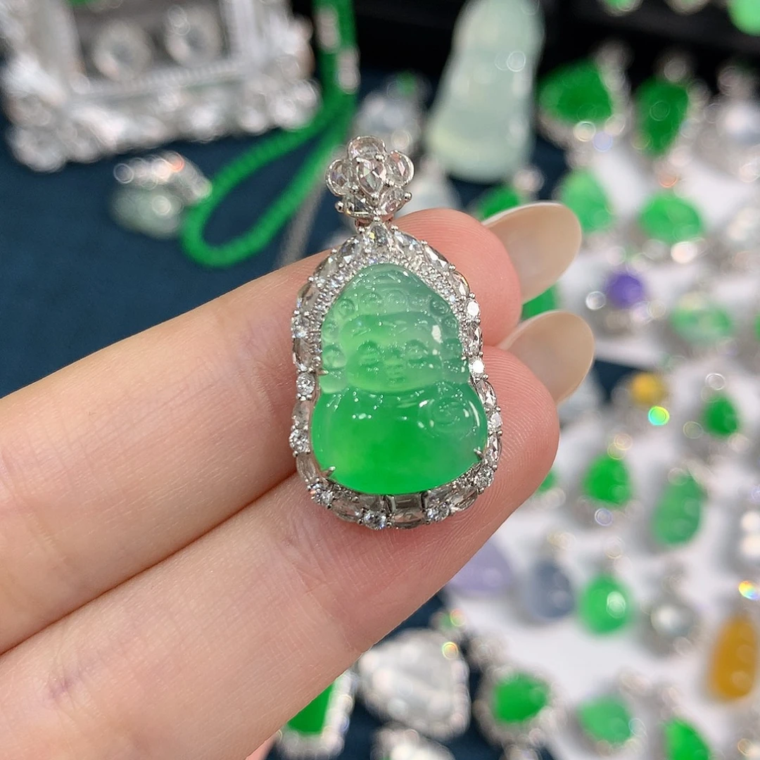 翡翠18K金镶嵌颈饰木那高冰金丝翠宝宝佛 48小时鉴赏期