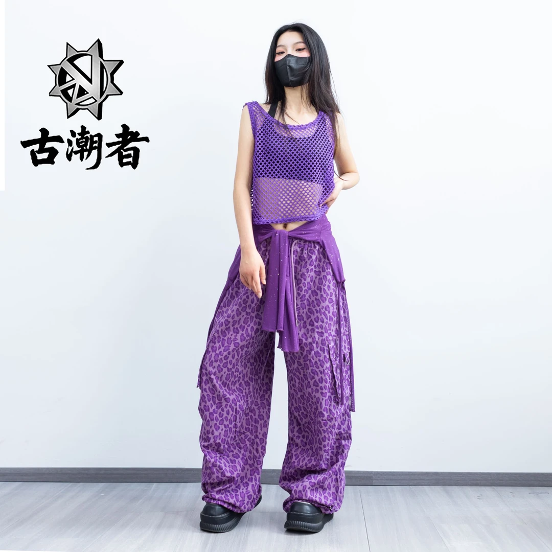 十三姨2025年夏季新款美式复古豹纹抽绳松紧高腰休闲阔腿裤女