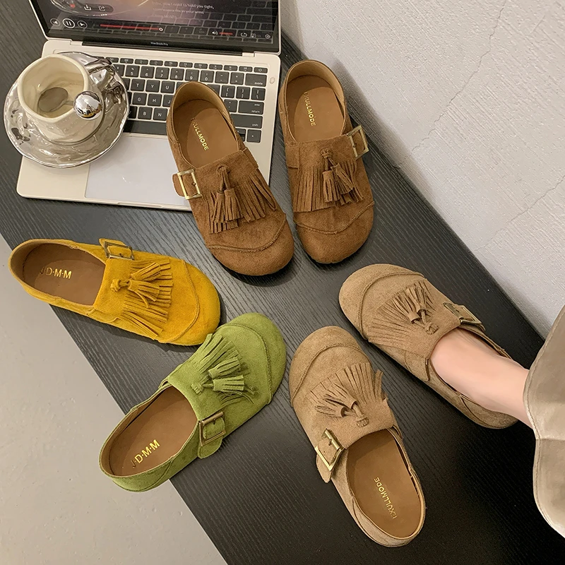 流苏勃肯鞋女平底豆豆鞋2025夏季新款复古大头丑萌复古休闲懒人鞋