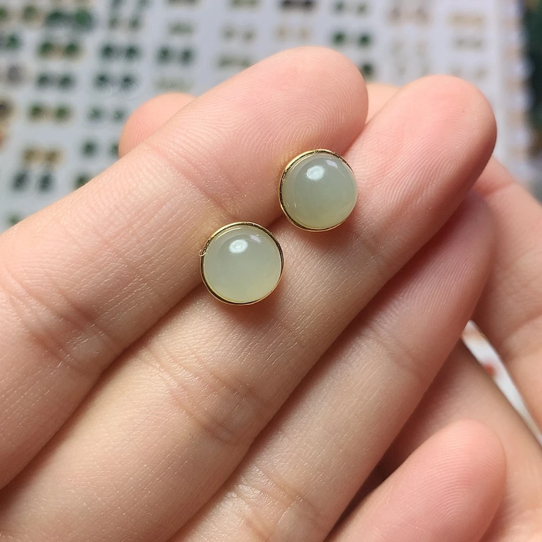 银S925镀金镶嵌和田玉（青白玉）耳饰