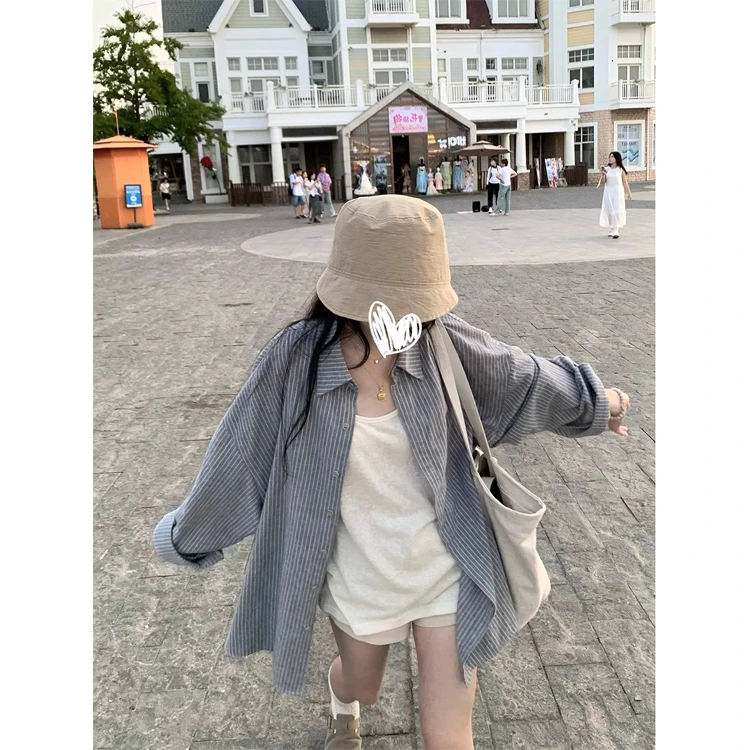 条纹衬衫女慵懒风2025夏季韩系宽松休闲衬衣百搭长袖防晒上衣外套
