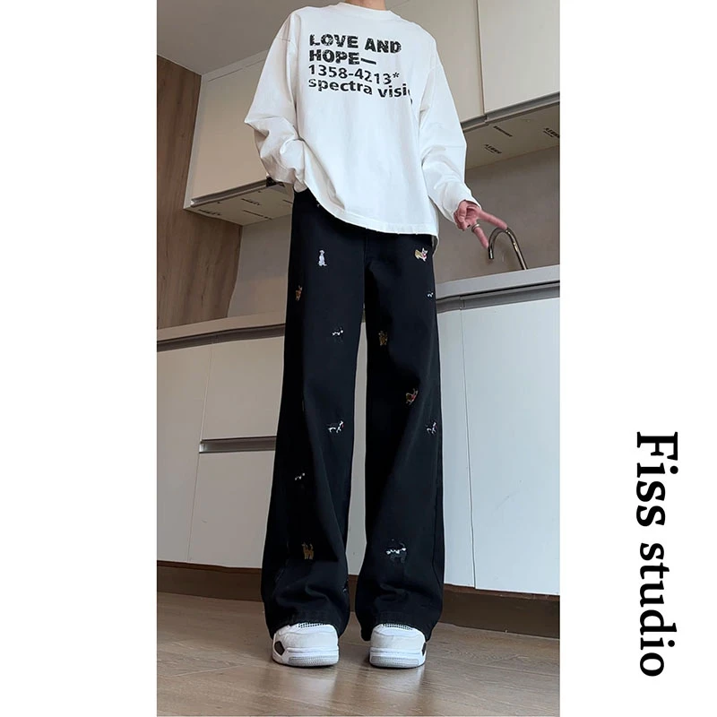 潮牌刺绣长裤春季美式宽松牛仔裤休闲小个子高街港风复古微喇裤