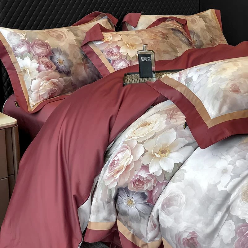 水星高端家纺复古美式100S长绒棉贡缎四件套数码印花全棉纯棉被套