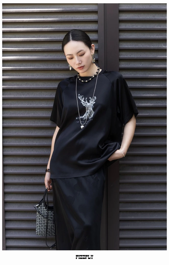 【SRT2】Fizzfly设计师品牌一鹿有你桑蚕丝短袖T恤时尚休闲百搭显瘦