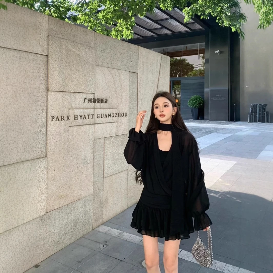 灰色飘带交叉v领长袖连衣裙女早秋气质雪纺短裙名媛御姐风a字裙子