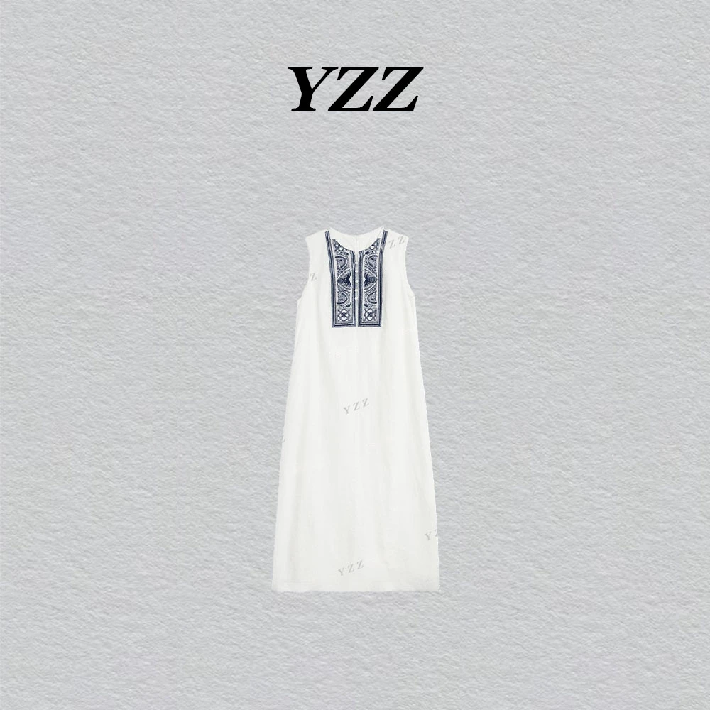 YZZ 白色度假亚麻刺绣夏日度假连衣裙裙子 LSQ240847Y