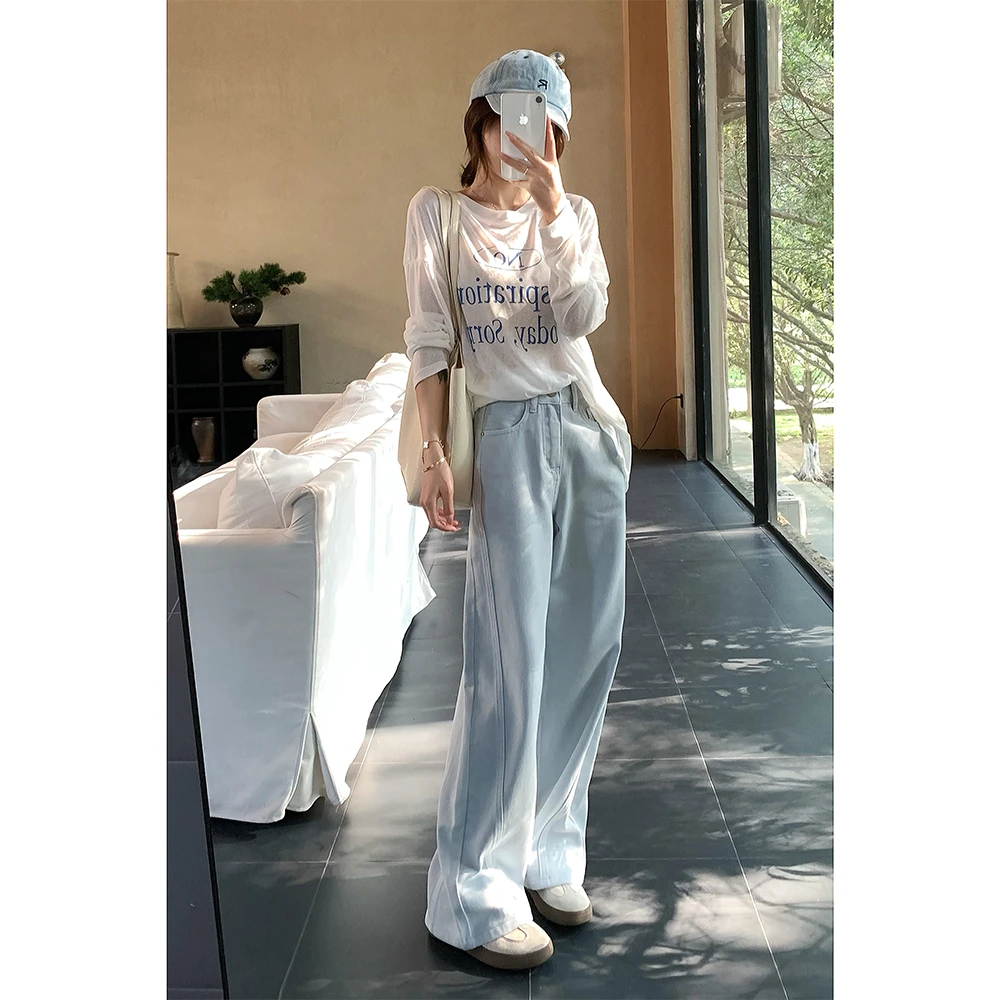 王家有鱼2025年夏季新款阔腿弯刀裤小个子女款长裤宽松直筒牛仔裤