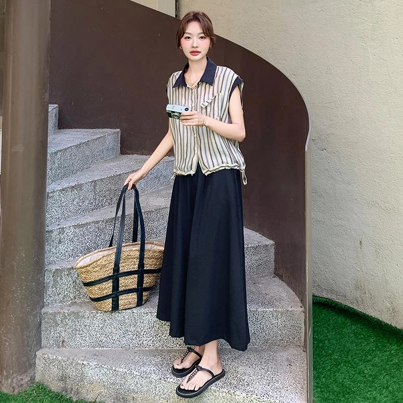 轻熟风韩系竖条纹撞色衬衫套装女2025夏季时尚气质阔腿裙裤两件套