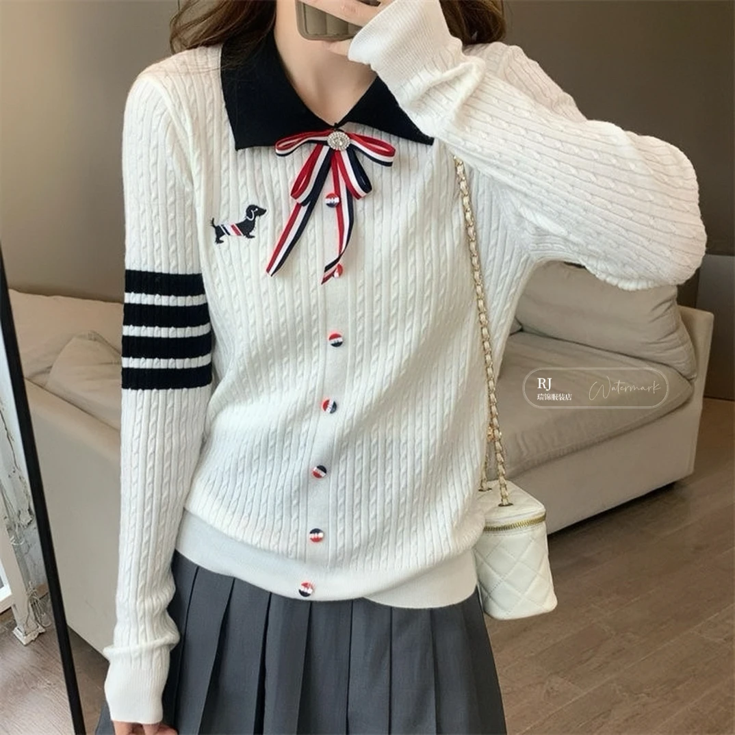 【RJ】春秋翻领上衣长袖针织衫刺绣毛衣打底衫网红洋气炸街女装秋季