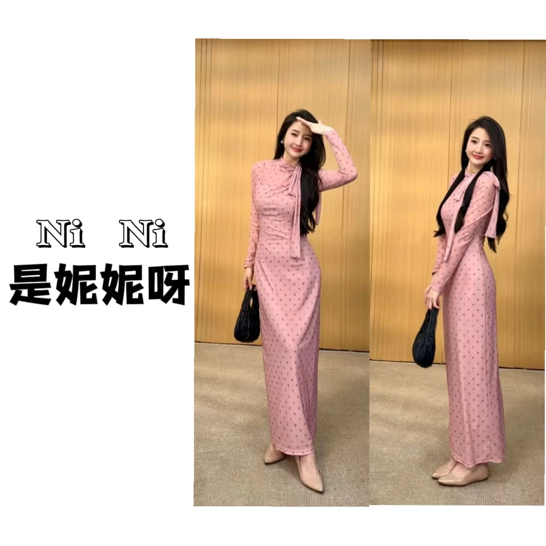 法式温柔粉色波点连衣裙子女秋2025新款小个子气质包臀长裙3371#