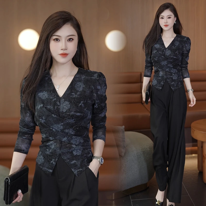 气质V领打底上衣女2025秋款修身显瘦微透薄款长袖百搭洋气小衫潮