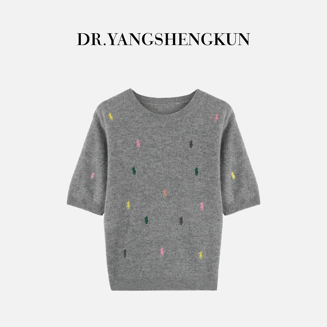杨圣坤2025新品100%山羊绒彩色小马刺绣短袖套头针织衫SL2582837