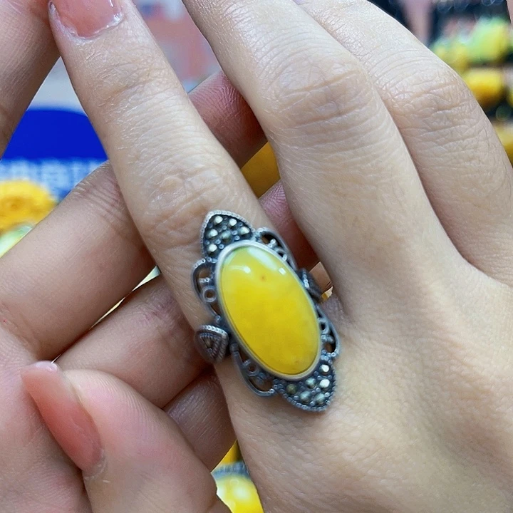 蜜蜡银S925镶嵌裸石戒指