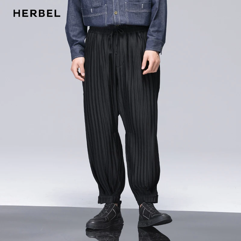 HERBEL/黑白2024/新款男士休闲裤时尚百搭简约宽松1541