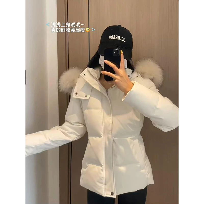 2025年新款收腰白色棉服女短款大毛领修身小个子加厚冬季外套上衣