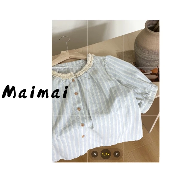 买买【条纹系】韩系蕾丝拼接圆领蓝条纹纯棉短款衬衫