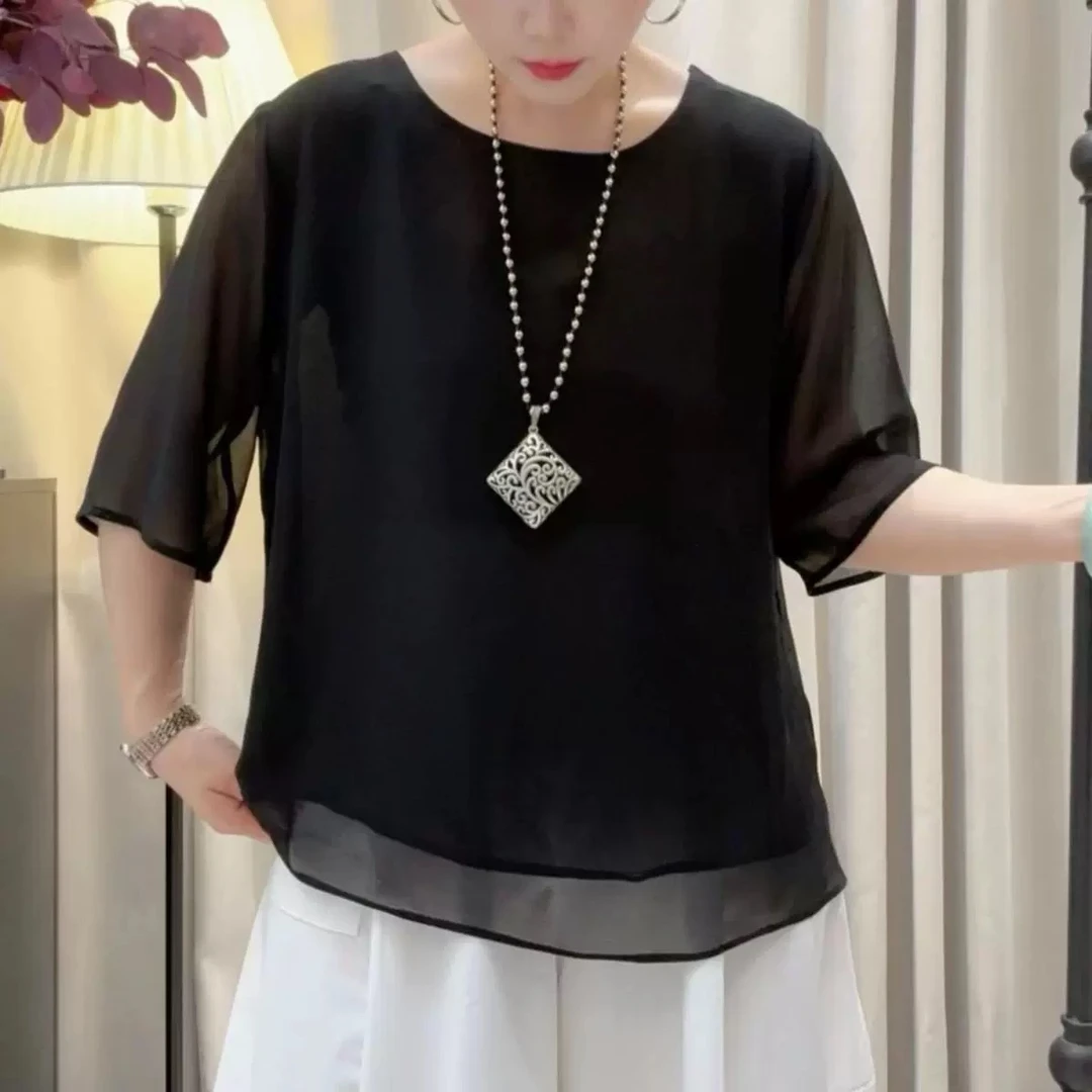 圆领套头半袖宽松纯色小衫时尚