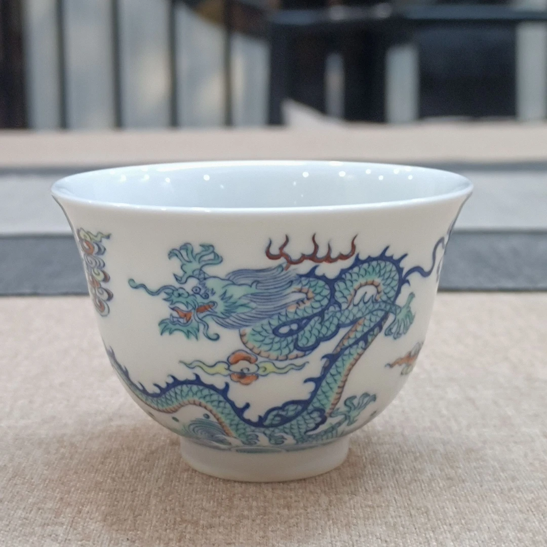 珽珽茶器【涂杏花】斗彩双龙出海铃铛杯80cc 瓷器茶周边