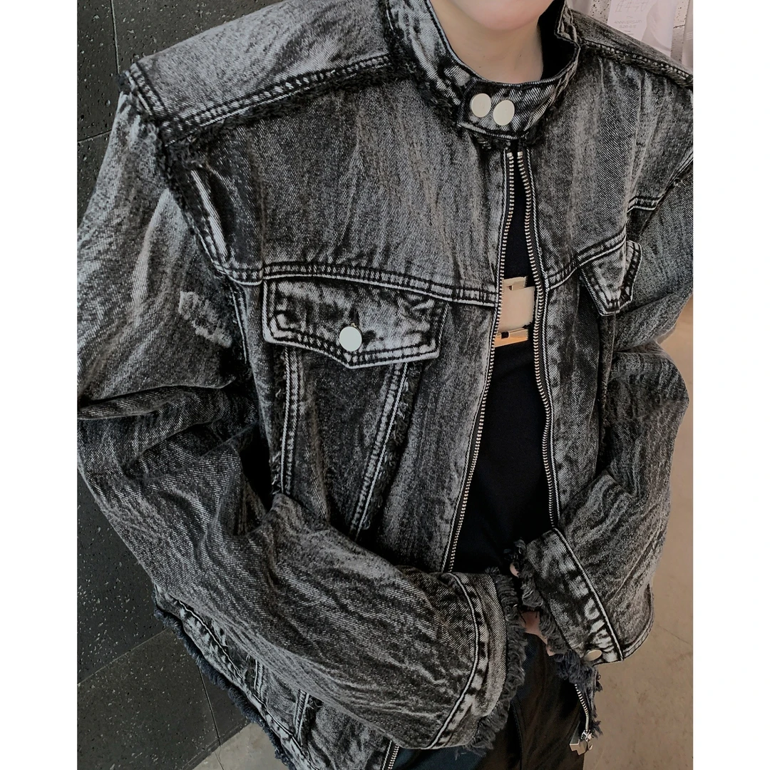 美式复古个性牛仔外套男款春秋季高级感垫肩夹克时尚立领黑牛仔褂