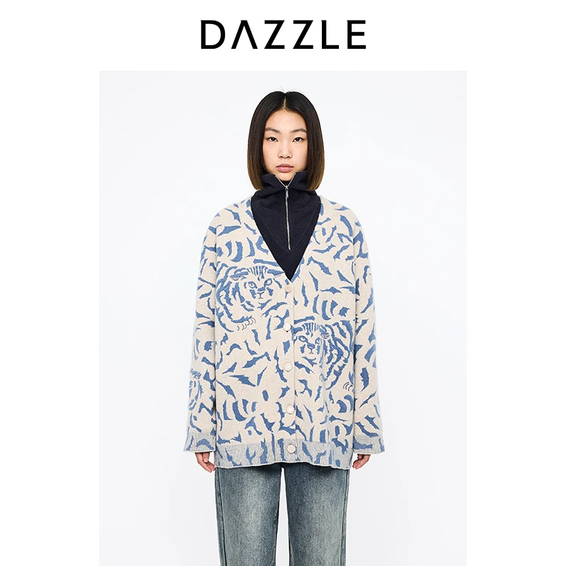 DAZZLE地素 毛针织衫2024冬季新款羊毛针织提花开衫2I4E574