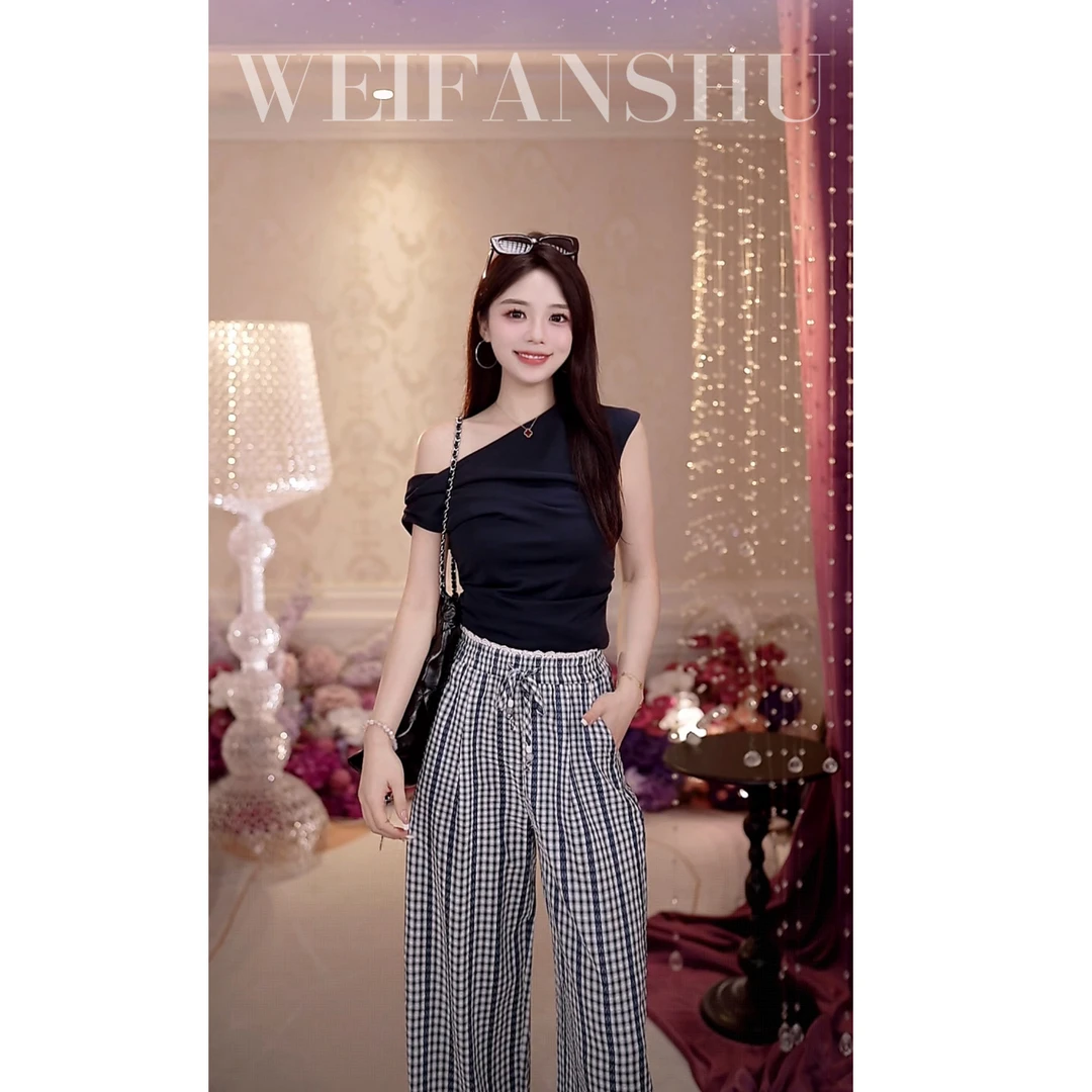 WEIFANSHU/魏凡舒【格纹回潮】夏季新款格纹复古时尚高腰显瘦时装裤