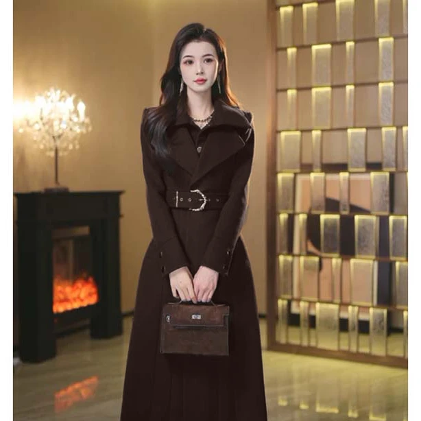 【AN】【有里布】【送腰带】翻领长袖显瘦收腰中长款连衣裙HY0139