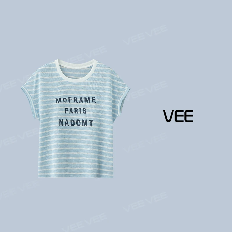 VEE【杂志针织】25夏新品时尚撞色连袖条纹字母印花圆领套头针织衫