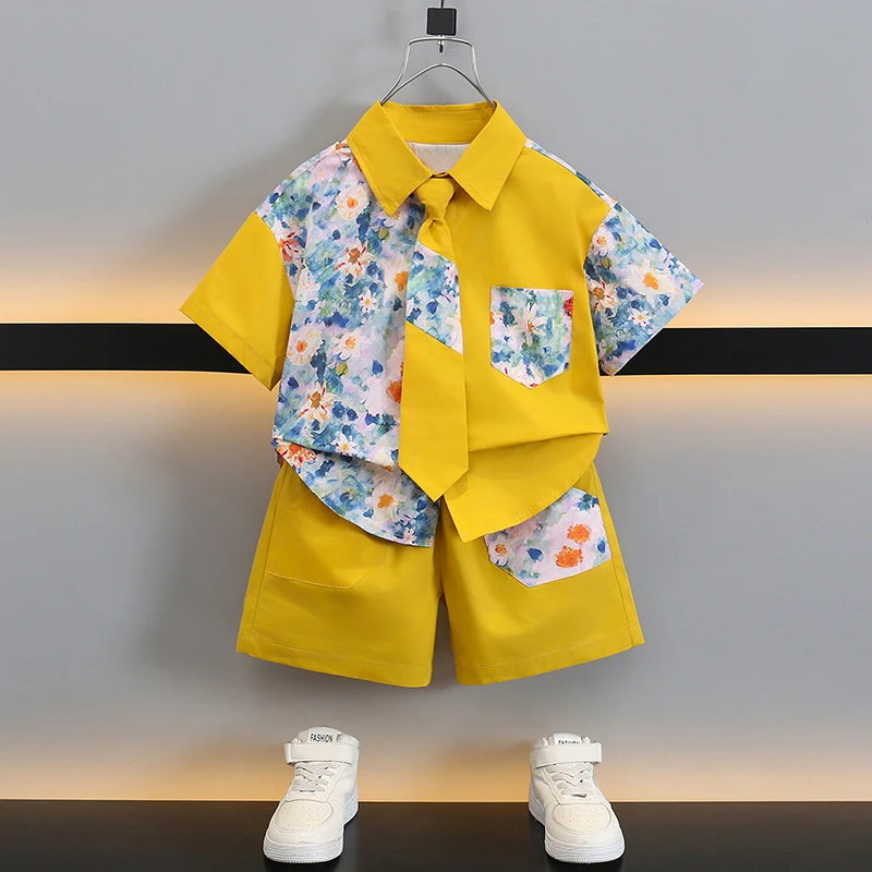 2025新款儿童夏装男童夏季衬衫套装痞帅中小童宝宝夏款花衬衫童装