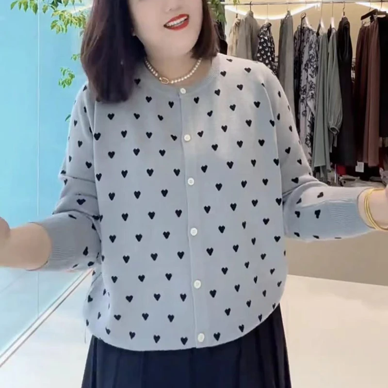 爱心双股色织绵羊毛针织开衫外套大码百搭秋季短款针织衫上衣女