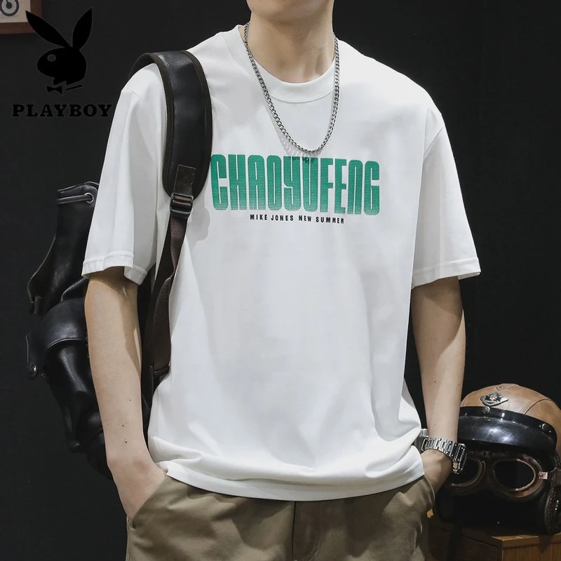 花花公子白色字母短袖t恤男士美式潮牌大码夏季衣服2025新款男装