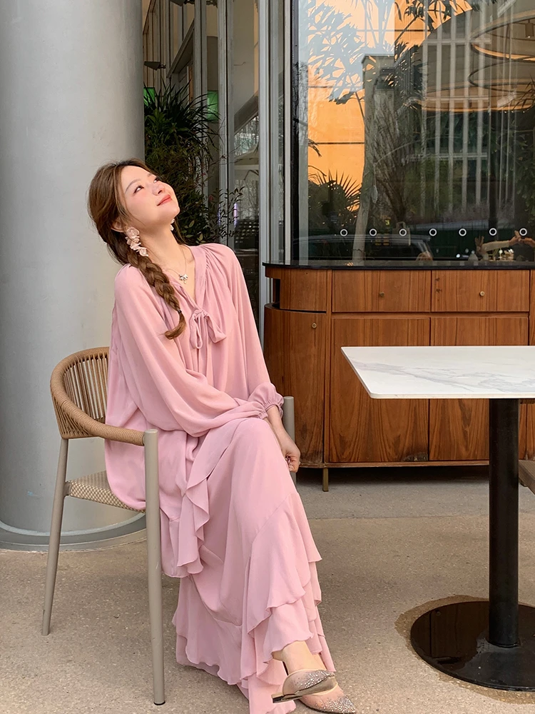 崔与熙|CUIXI【春雾纱】长袖长裙通勤V领连衣裙热帖法式夏季裙子