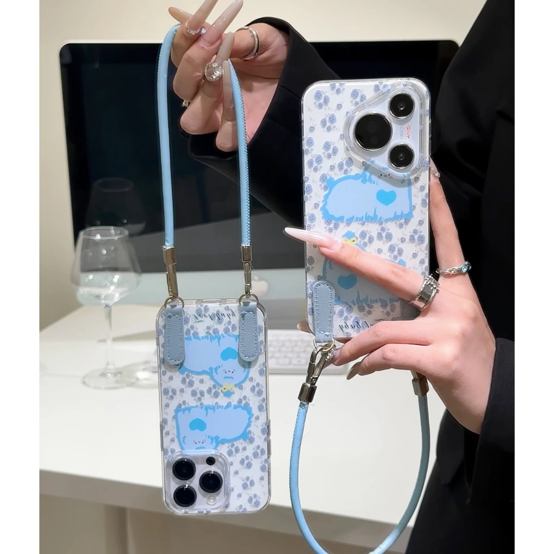 碎花小蓝狗皮绳适用苹果16手机壳iPhone13女15套华为vivo小米oppo