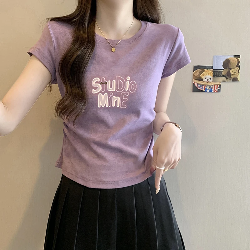 美式扎染正肩短袖t恤女夏季2025新款爆款设计感短款修身收腰上衣