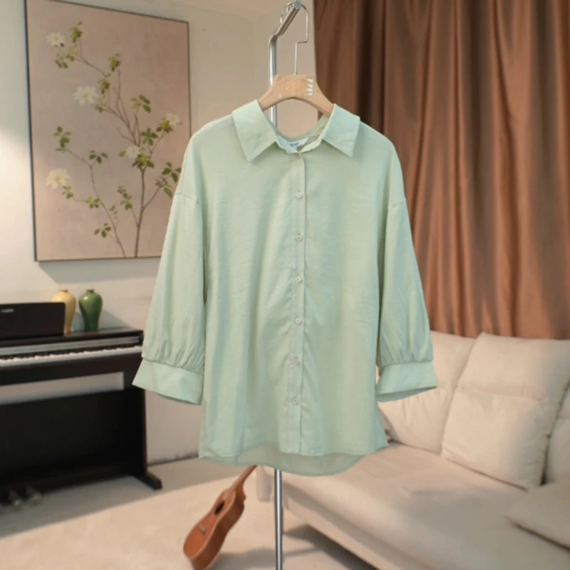 G516 小清新绿色中长款衬衫女 333B11