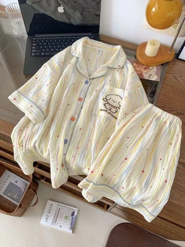 夏季薄款短袖睡衣休闲条纹家居服套装韩版时尚套装ins纯棉睡衣