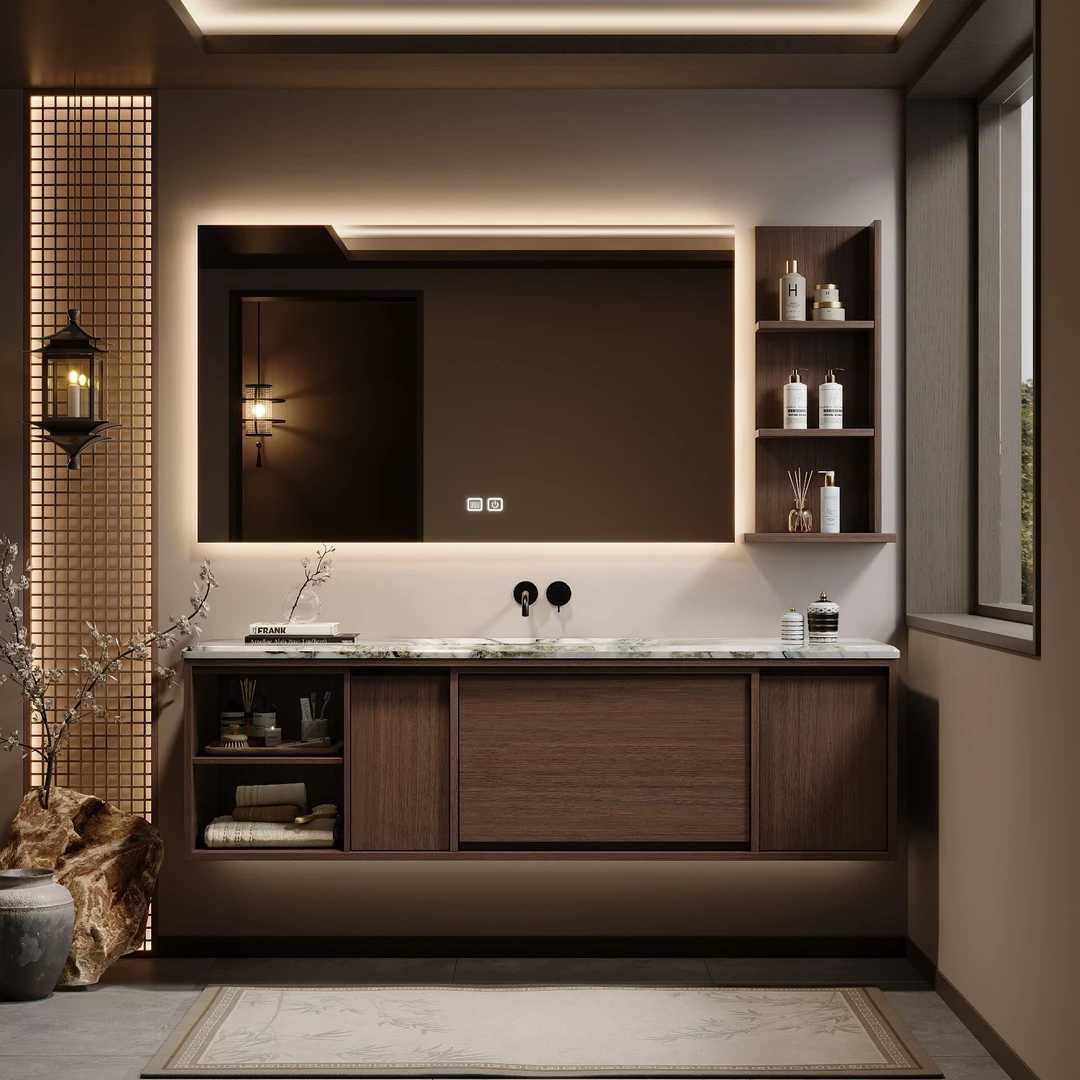 铂帝斯中古风卫生间洗漱台洗手池定制，免漆浴室柜岩板台面HC007